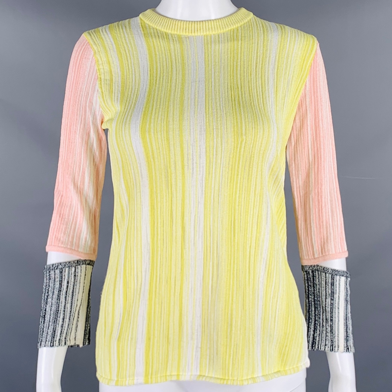 Sportmax Size M Yellow Pink Rib Knit Crew Neck Casual Top